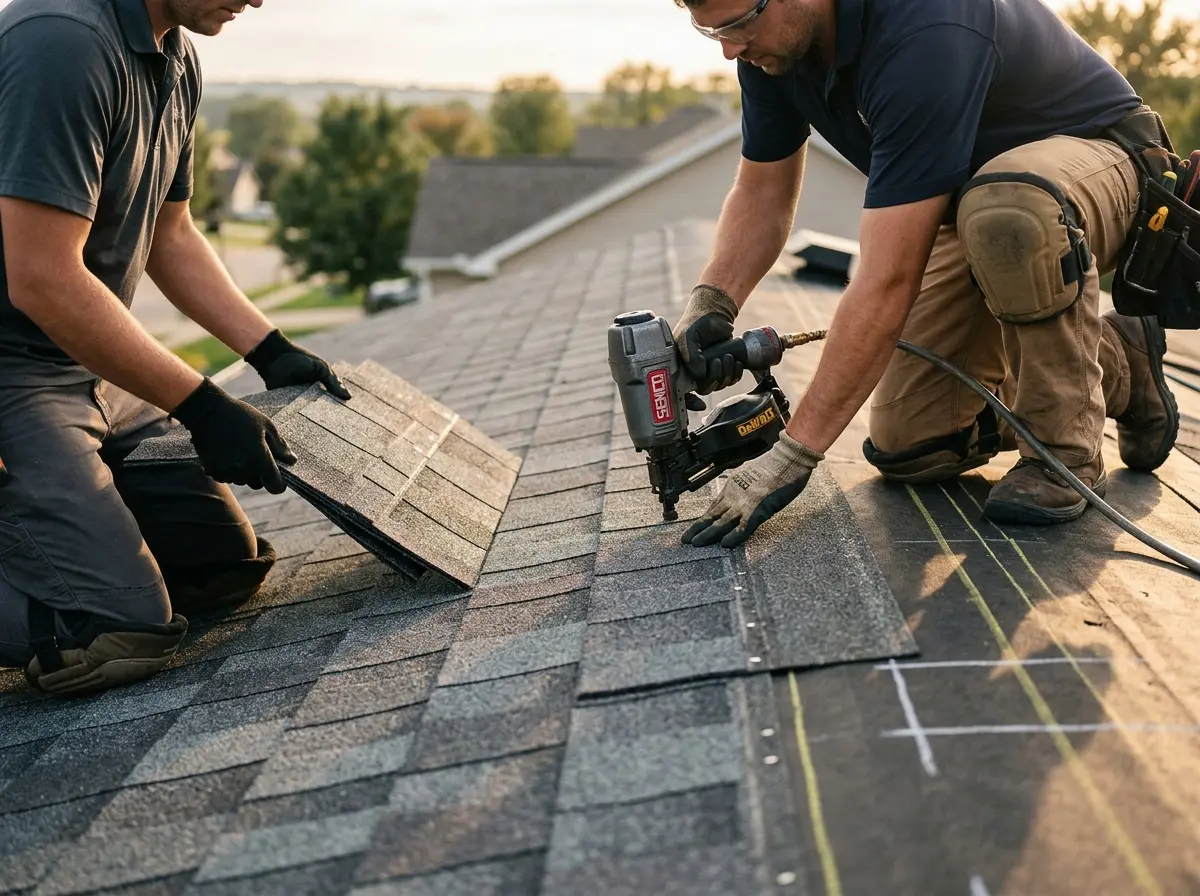 Professional roofer working on a residential roof in Woods Cross